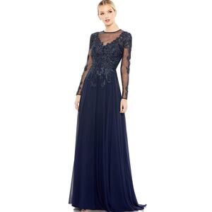 Mac Duggal 20385 Embroidered Beaded Jewel Neck Formal Dress Long Sleeve Blue 10